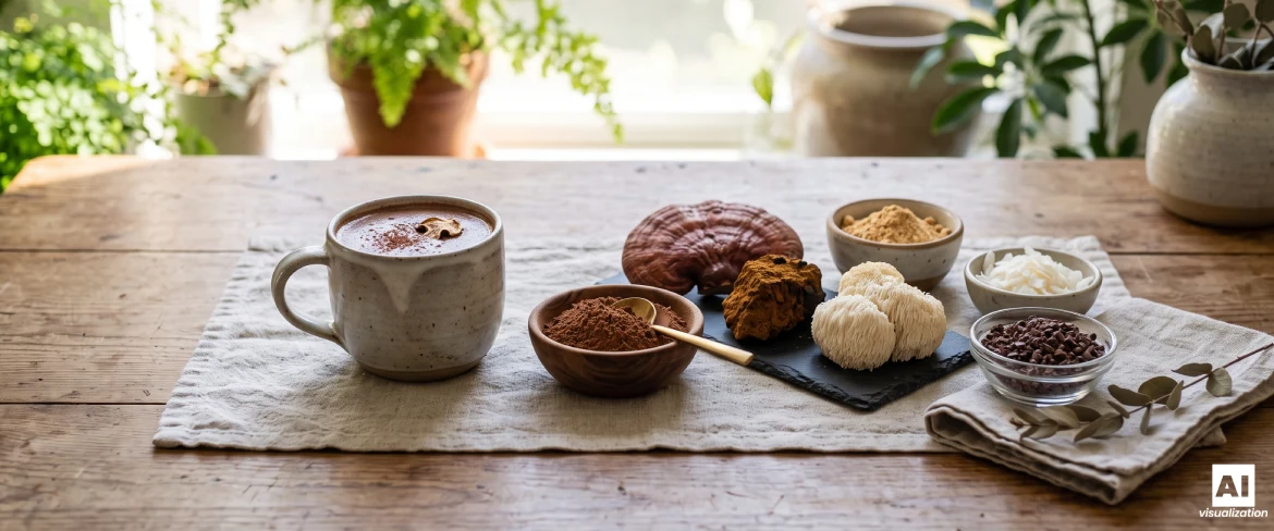 A mug of cocoa, cocoa powder, reishi, chaga and lion's mane mushrooms and cocoa beans on a wooden table.