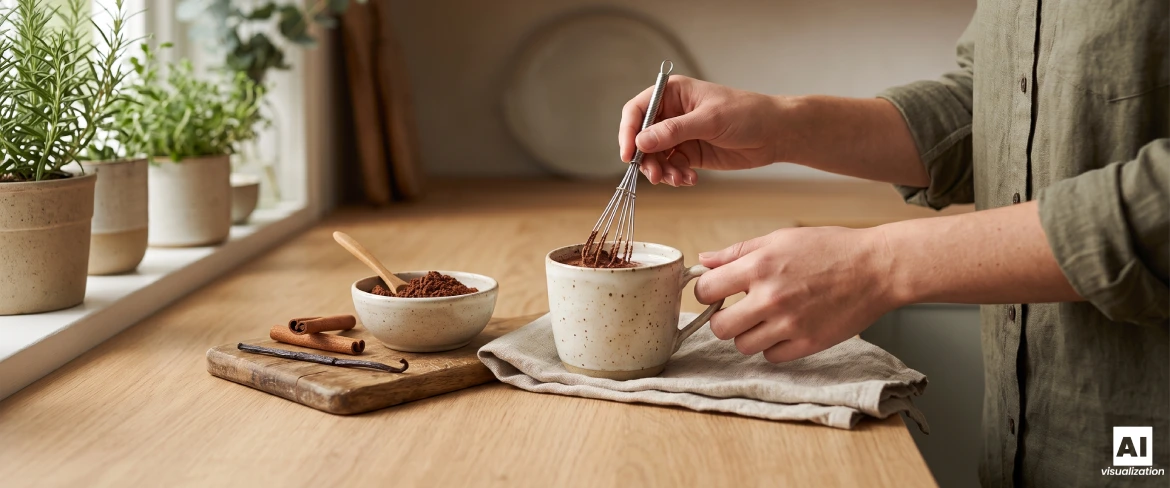 Preparing natural cocoa in a mug with a whisk.