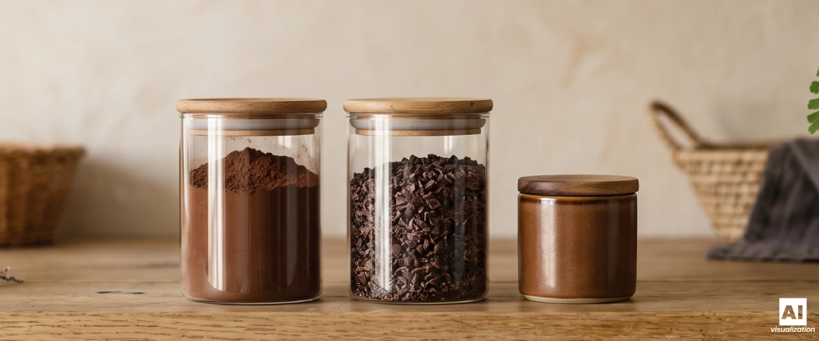 Cocoa powder, crushed beans and cocoa paste in airtight containers.