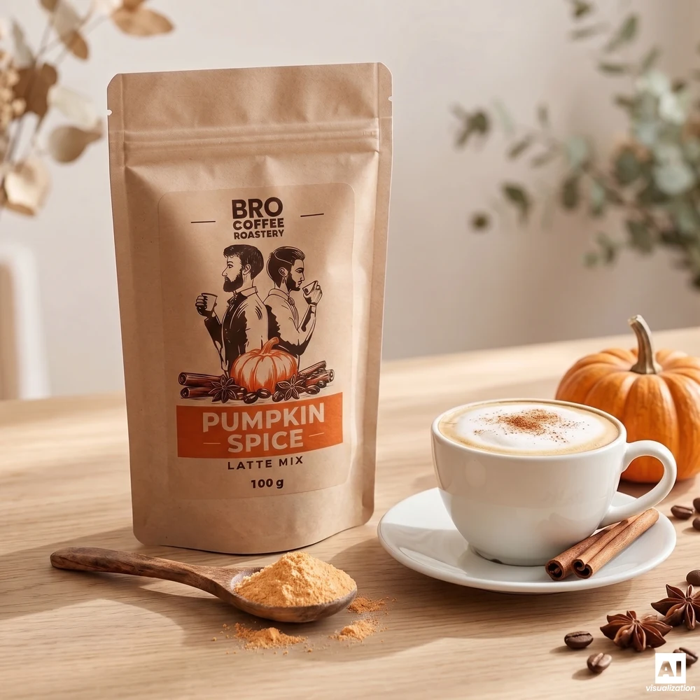 Bro Coffee Roastery Pumpkin Spice Latte Mix, a wooden spoon with pumpkin powder and a cup of latte sprinkled with cinnamon.