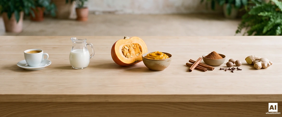 Ingredients for pumpkin coffee on a wooden table: espresso, milk, pumpkin, pumpkin purée, cinnamon, nutmeg, cloves and ginger.