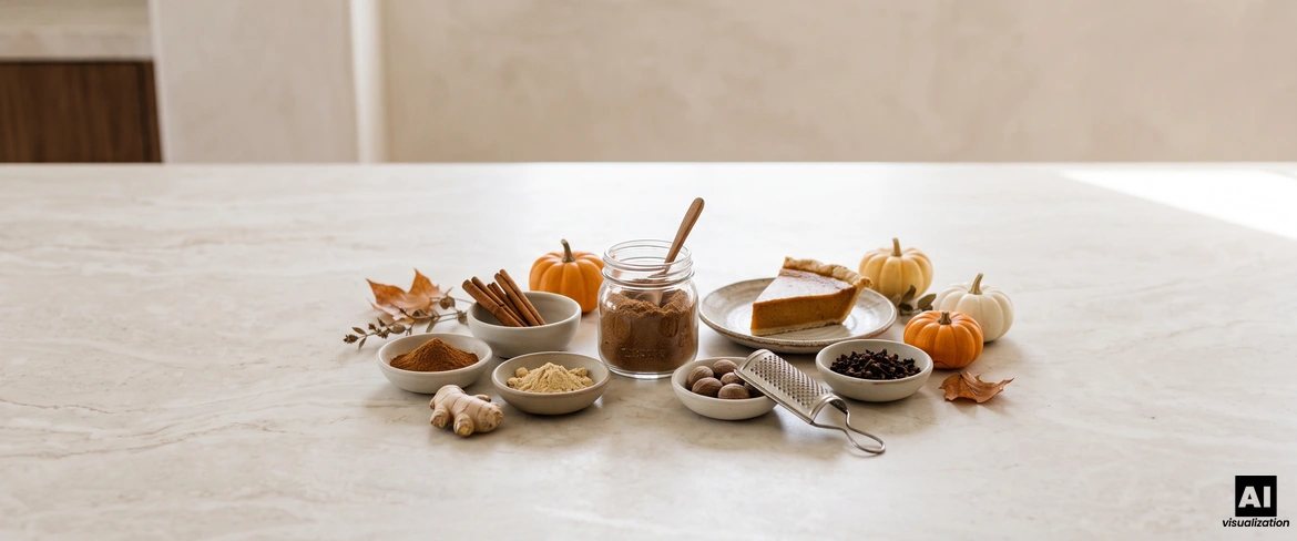 Homemade pumpkin spice in a jar, with cinnamon, ginger, nutmeg, cloves and a slice of pumpkin pie next to it.