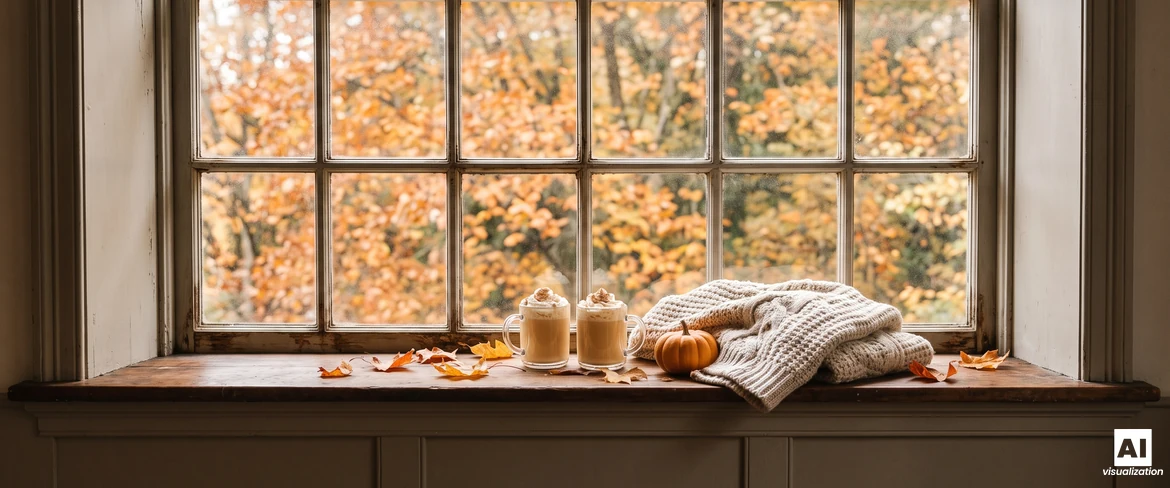 Two cups of pumpkin coffee with whipped cream on a windowsill, next to a small pumpkin and a wool jumper, with autumn trees outside.