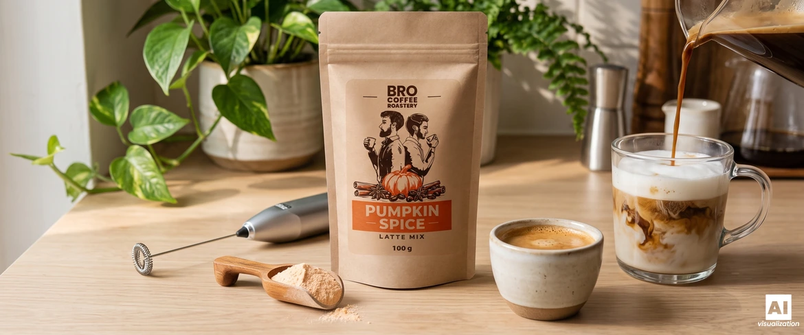 Bro Coffee Roastery Pumpkin Spice Latte Mix, a milk frother and espresso being poured into a glass with milk foam.