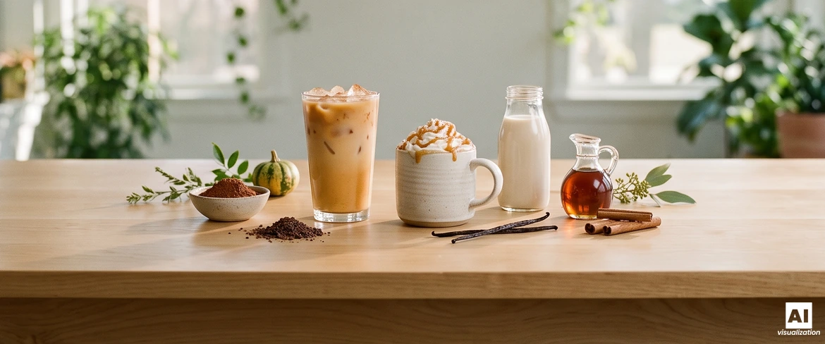 Iced pumpkin coffee with ice and a hot pumpkin latte with caramel, next to a plant-based drink, maple syrup, cocoa and vanilla.
