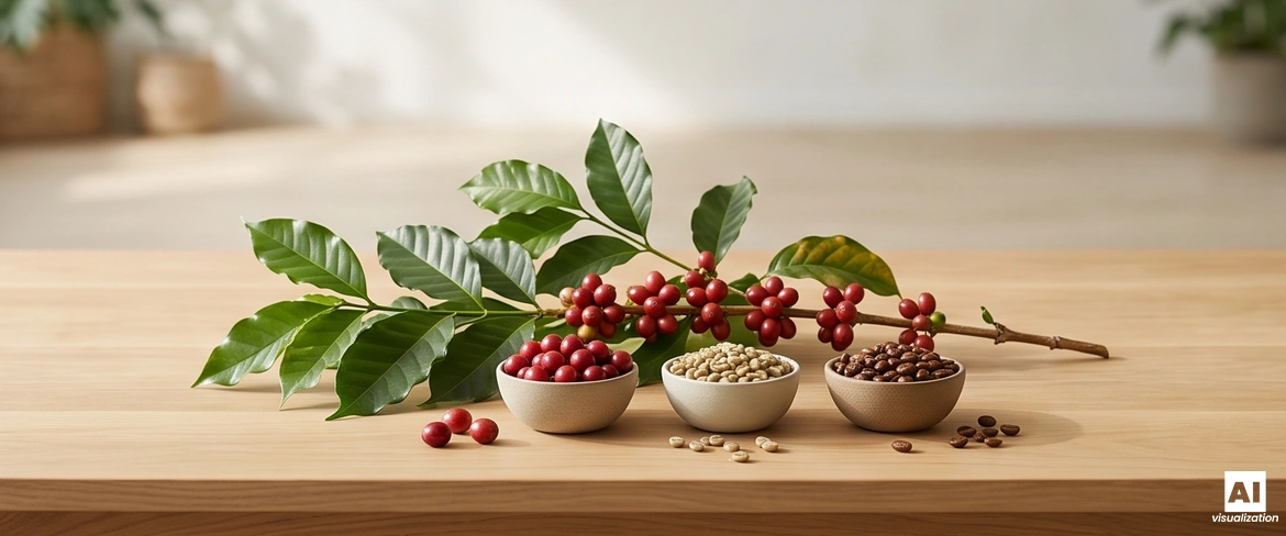 A coffee branch and small bowls with coffee cherries, green coffee and roasted beans on a wooden table.