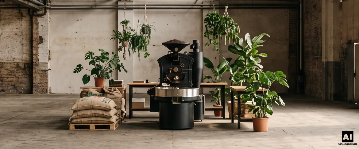 A coffee roasting machine with a cooling tray, sacks of green coffee and plants in an artisan coffee roastery.