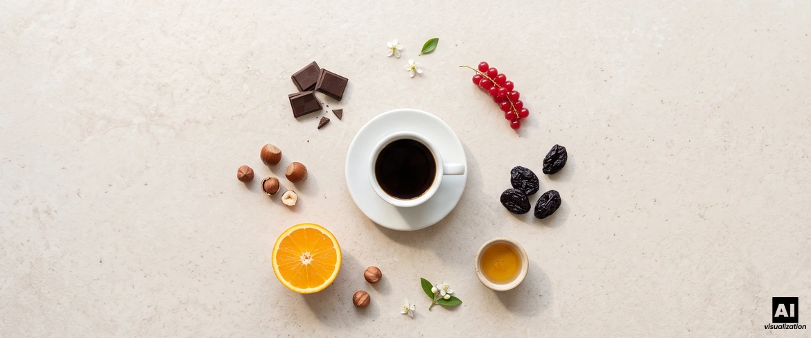 A cup of black coffee surrounded by chocolate, nuts, oranges, currants and honey that illustrate flavour notes.
