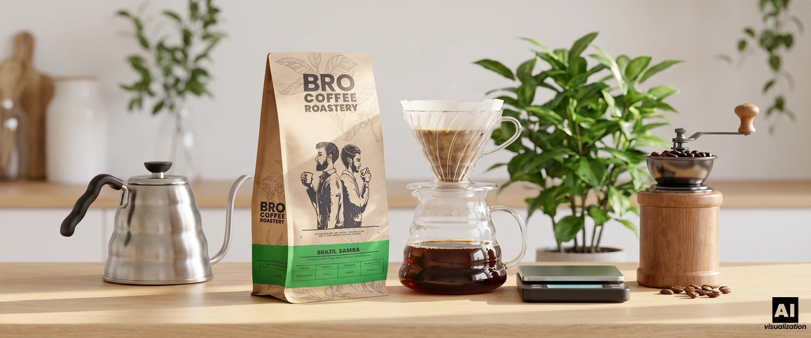 Bro Coffee Roastery Brazil Samba coffee next to a dripper, a kettle, scales and a manual coffee grinder.