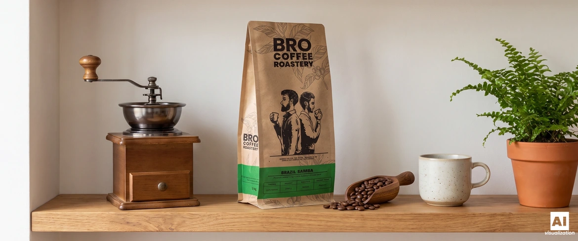 A sealed bag of Bro Coffee Roastery Brazil Samba coffee on a shelf next to a manual grinder and a cup.