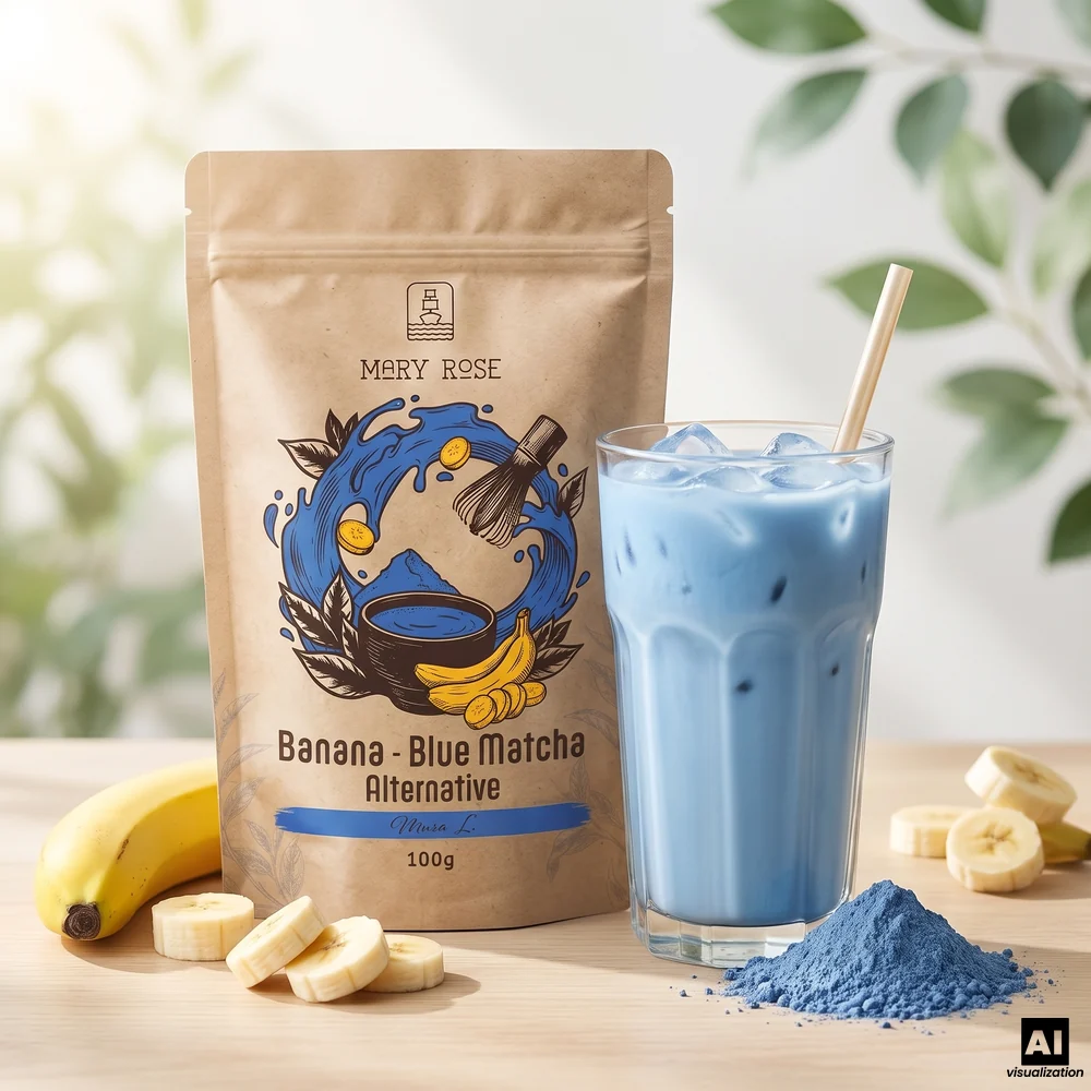 Mary Rose Blue Matcha Alternative – blue matcha with banana and spirulina, next to a blue iced latte and a banana.
