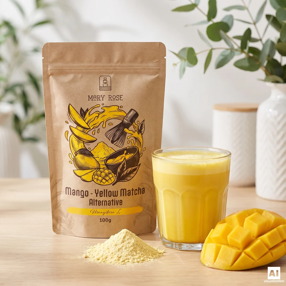 Mary Rose Yellow Matcha Alternative (mango matcha): a pack, a yellow drink, powder and diced mango.