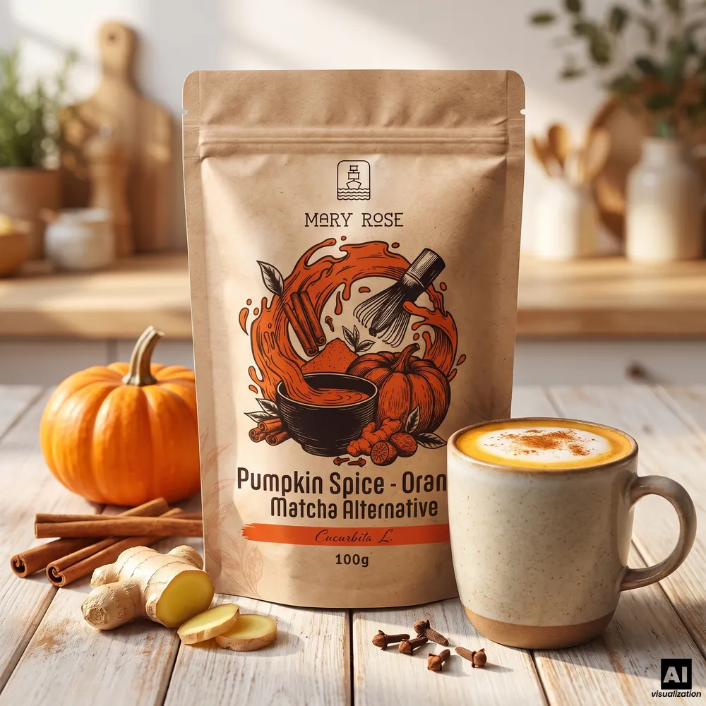 Mary Rose orange matcha Pumpkin Spice, next to a latte with cinnamon, a pumpkin, cinnamon sticks, ginger and cloves.