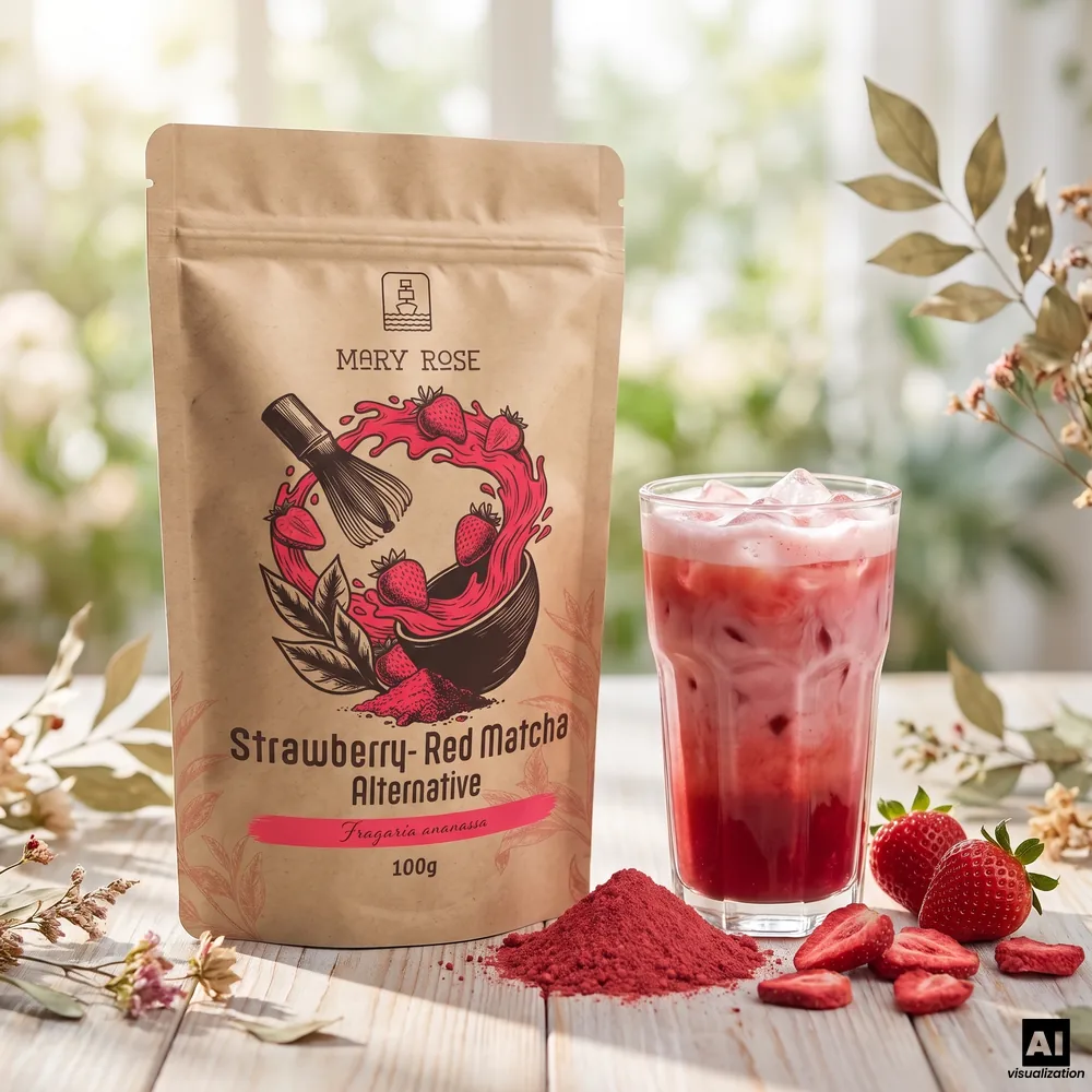 Mary Rose red matcha made of freeze dried strawberry, next to a red iced strawberry latte, powder and fresh strawberries.