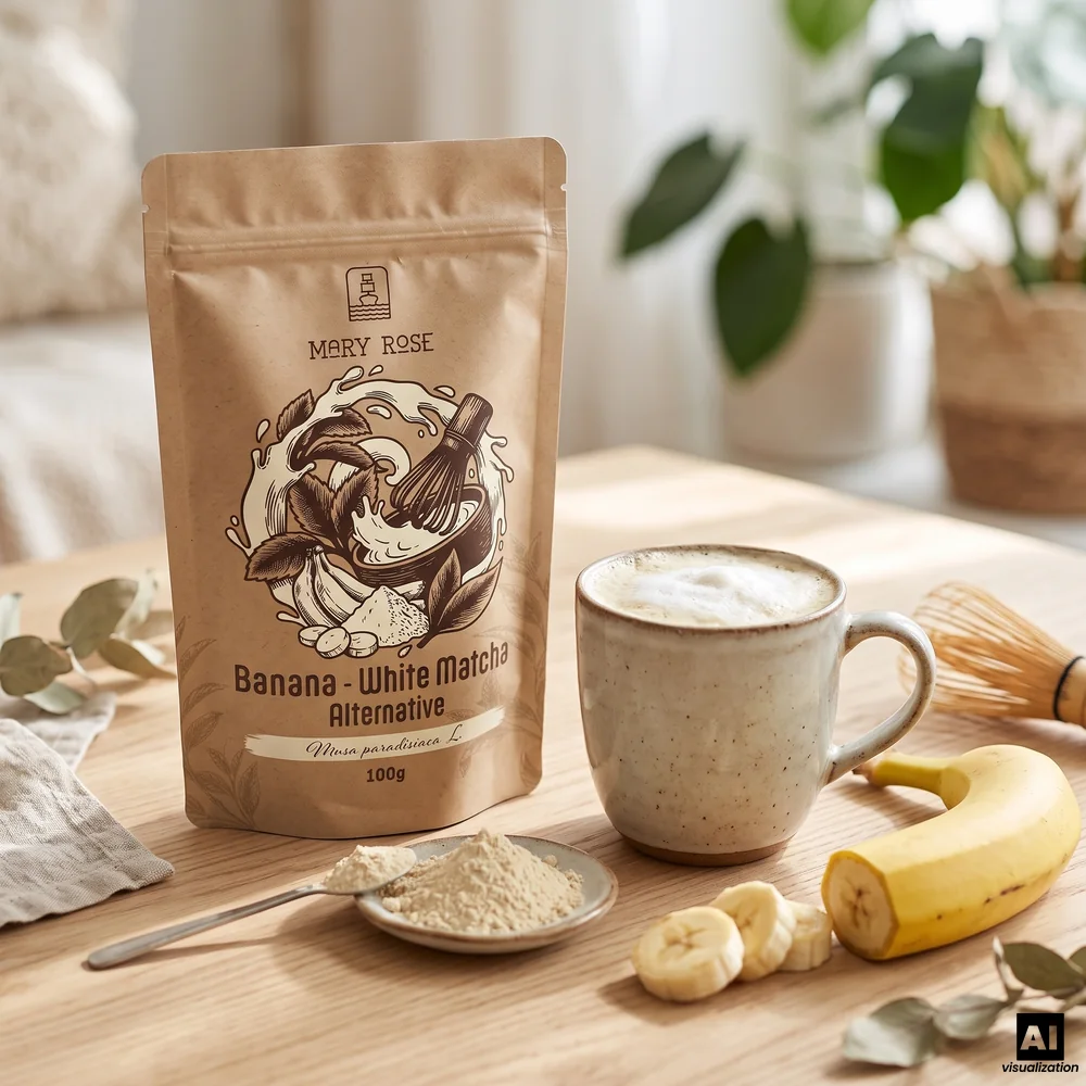 Mary Rose white matcha: freeze dried banana powder, next to a mug of creamy banana latte, a chasen whisk and a banana.