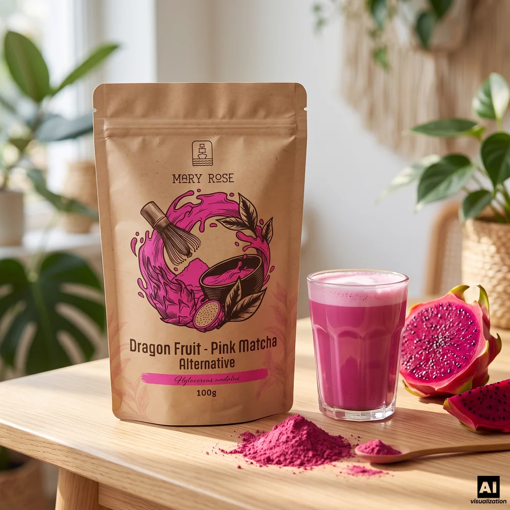 Mary Rose pink matcha made of freeze dried dragon fruit, next to a pink latte, powder and a halved red pitaya.