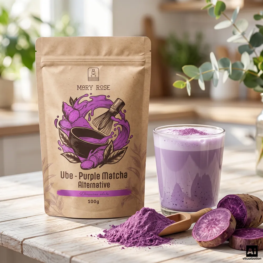 Mary Rose purple matcha: powdered ube, next to a purple ube latte, powder on a wooden scoop and slices of purple tuber.