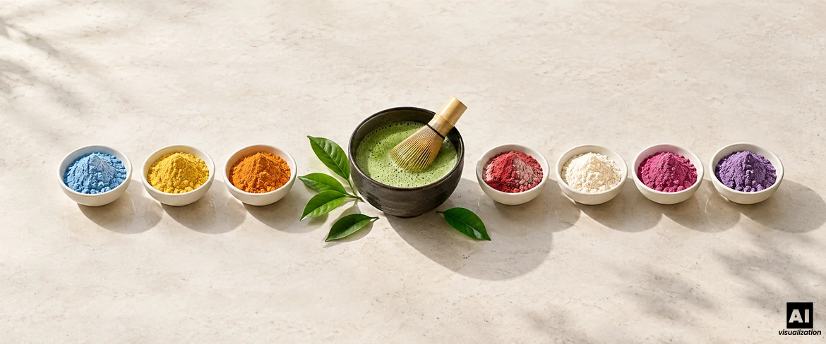 Classic green matcha in a bowl with a chasen whisk, and next to it colourful matcha in seven small bowls of powder.