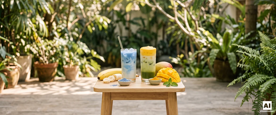 Blue matcha with banana and a layered mango matcha latte with yellow foam, next to a fresh banana and diced mango.