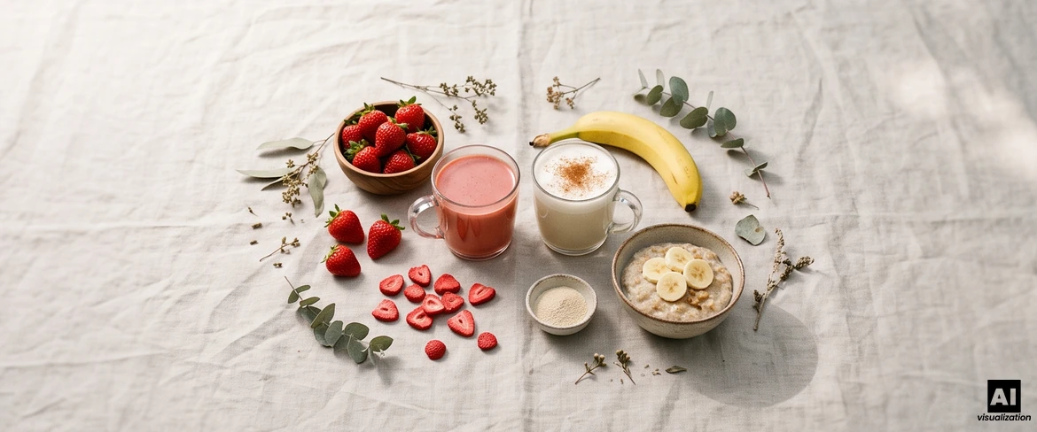 Red matcha in a mug as a strawberry latte and a banana latte with cinnamon, next to strawberries, a banana and porridge.