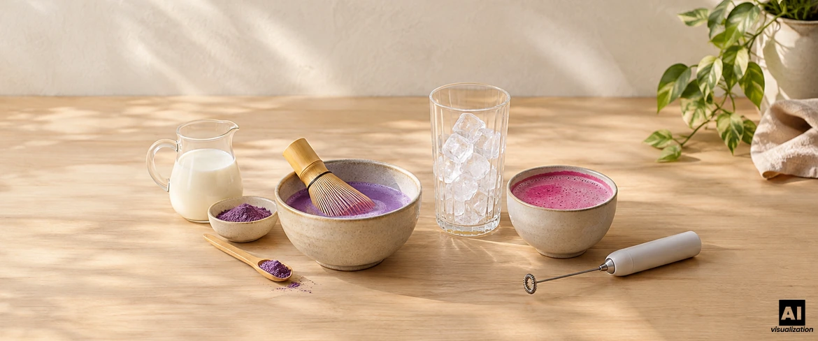 Preparing colourful matcha: purple ube in a bowl with a chasen whisk, a pink drink, milk, ice and an electric milk frother.
