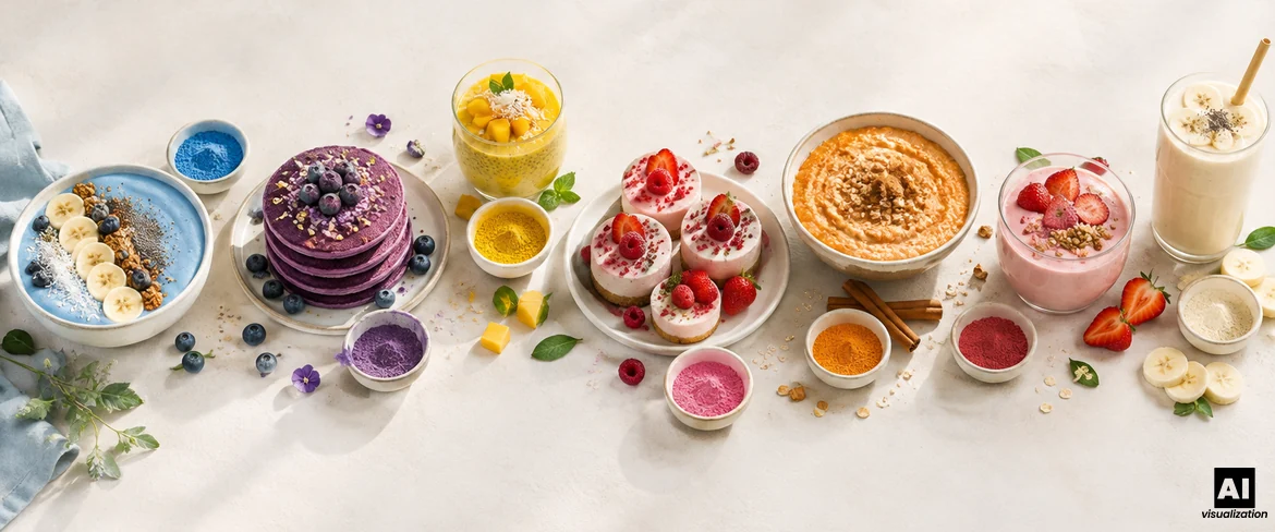 Colourful powders in the kitchen: a blue smoothie bowl, purple ube pancakes, mango pudding and pink mini cheesecakes.