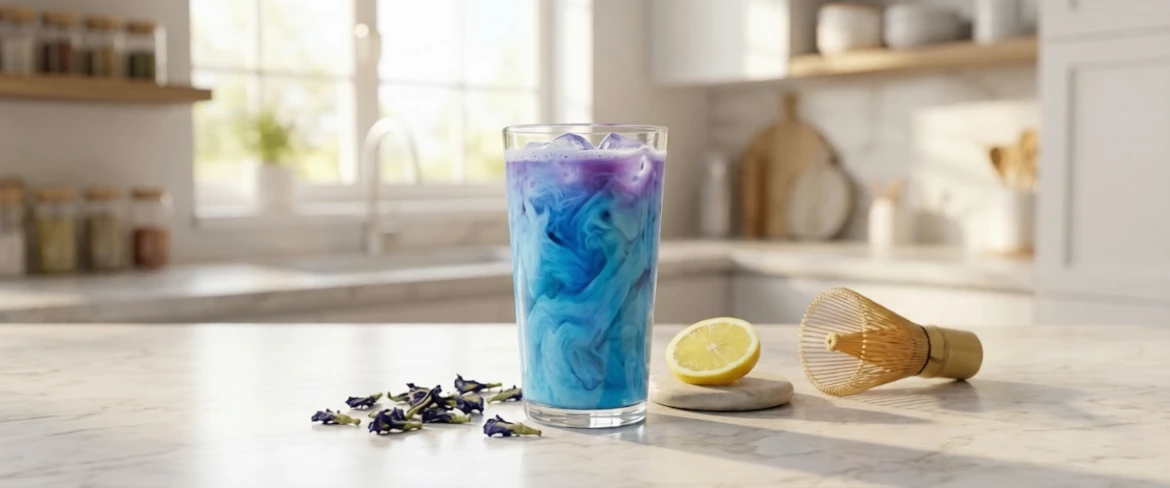 What is blue matcha and what does it look like? Blue matcha from clitoria ternatea served with lemon