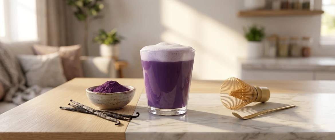 What is ube? Purple matcha prepared in a glass with milk