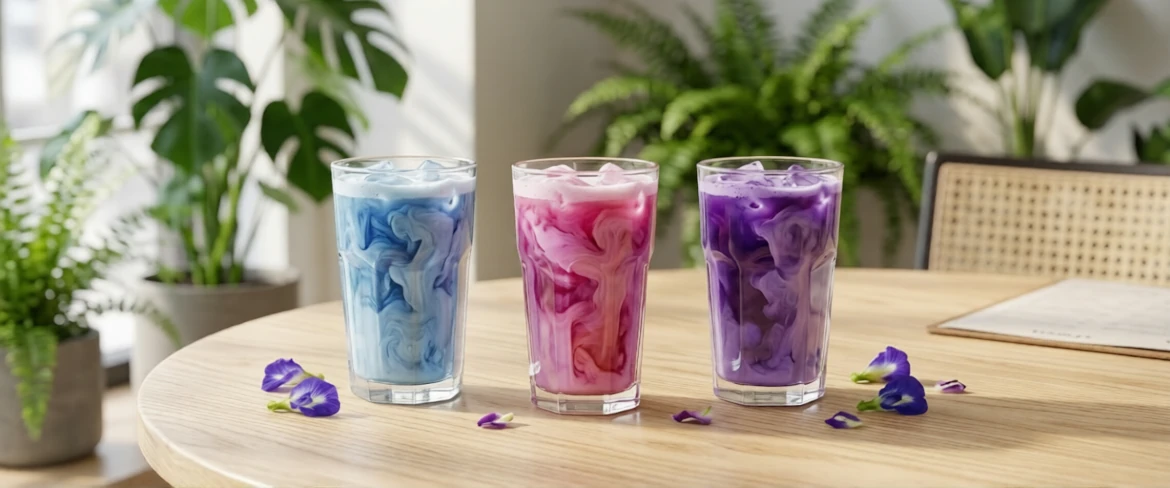 A cold purple drink, pink matcha, and blue matcha