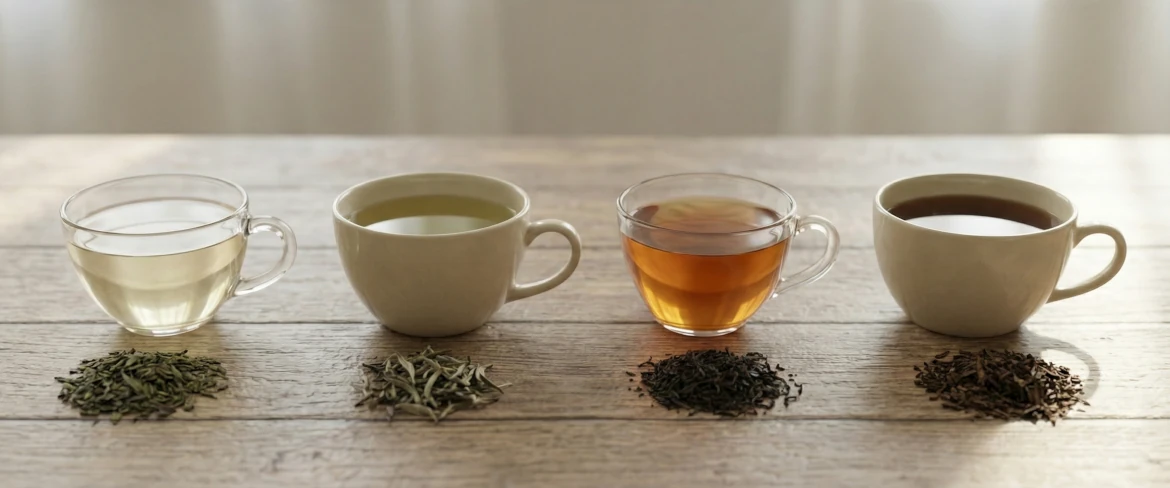 Caffeine in tea – black tea, green tea, white tea and pu erh tea in cups