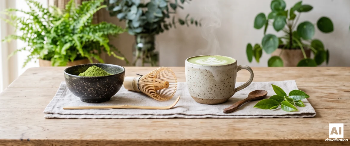 Matcha latte with milk in a ceramic cup, a bowl of powdered matcha and a bamboo whisk.