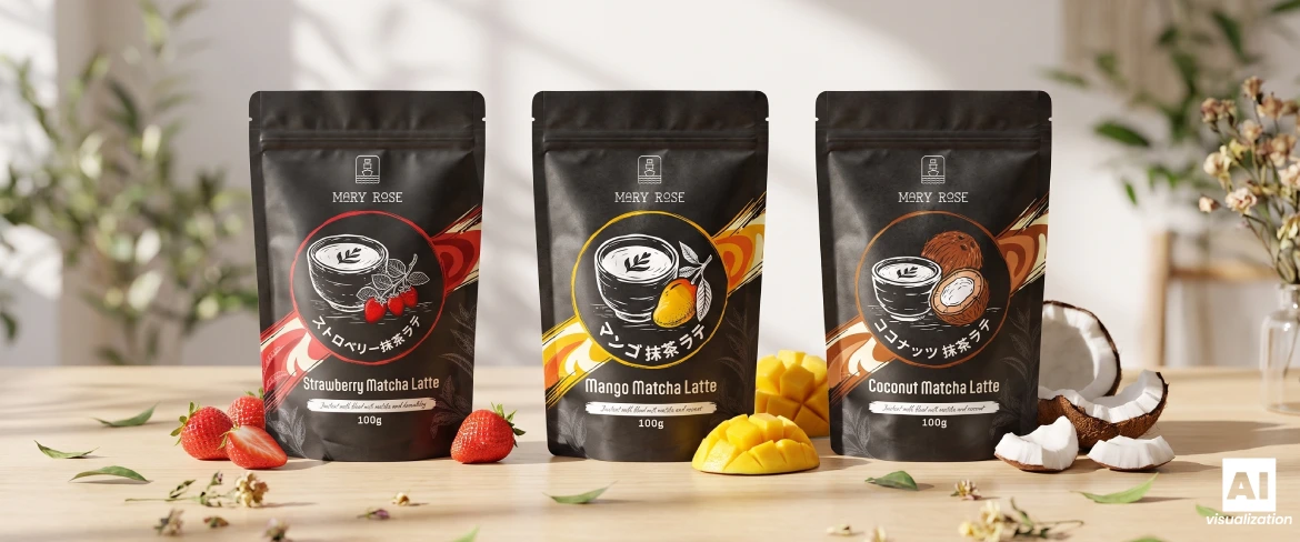 Mary Rose Strawberry, Mango and Coconut Matcha Latte packs on a wooden table.