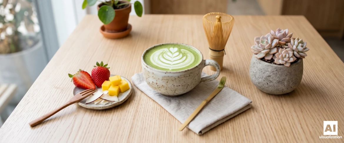 Matcha latte with milk, a bamboo whisk and strawberries, mango and coconut on a table.