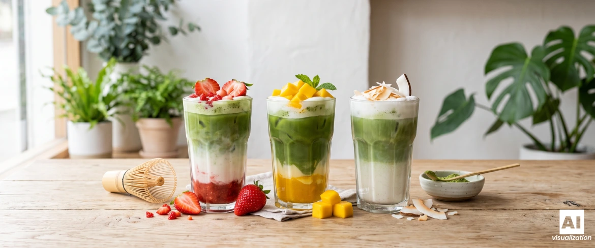 Colourful, layered matcha lattes with strawberry, mango and coconut in glasses.