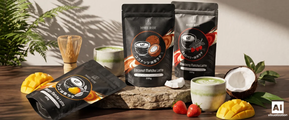 Mary Rose matcha latte products in three flavours with a drink, fruit and a bamboo whisk.