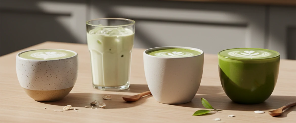 Matcha latte with different types of milk – oat, coconut and almond