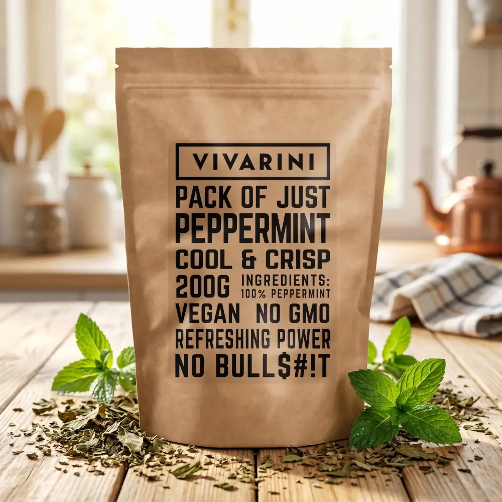 Dried peppermint from the Vivarini brand in eco-friendly paper packaging with crushed leaves scattered around