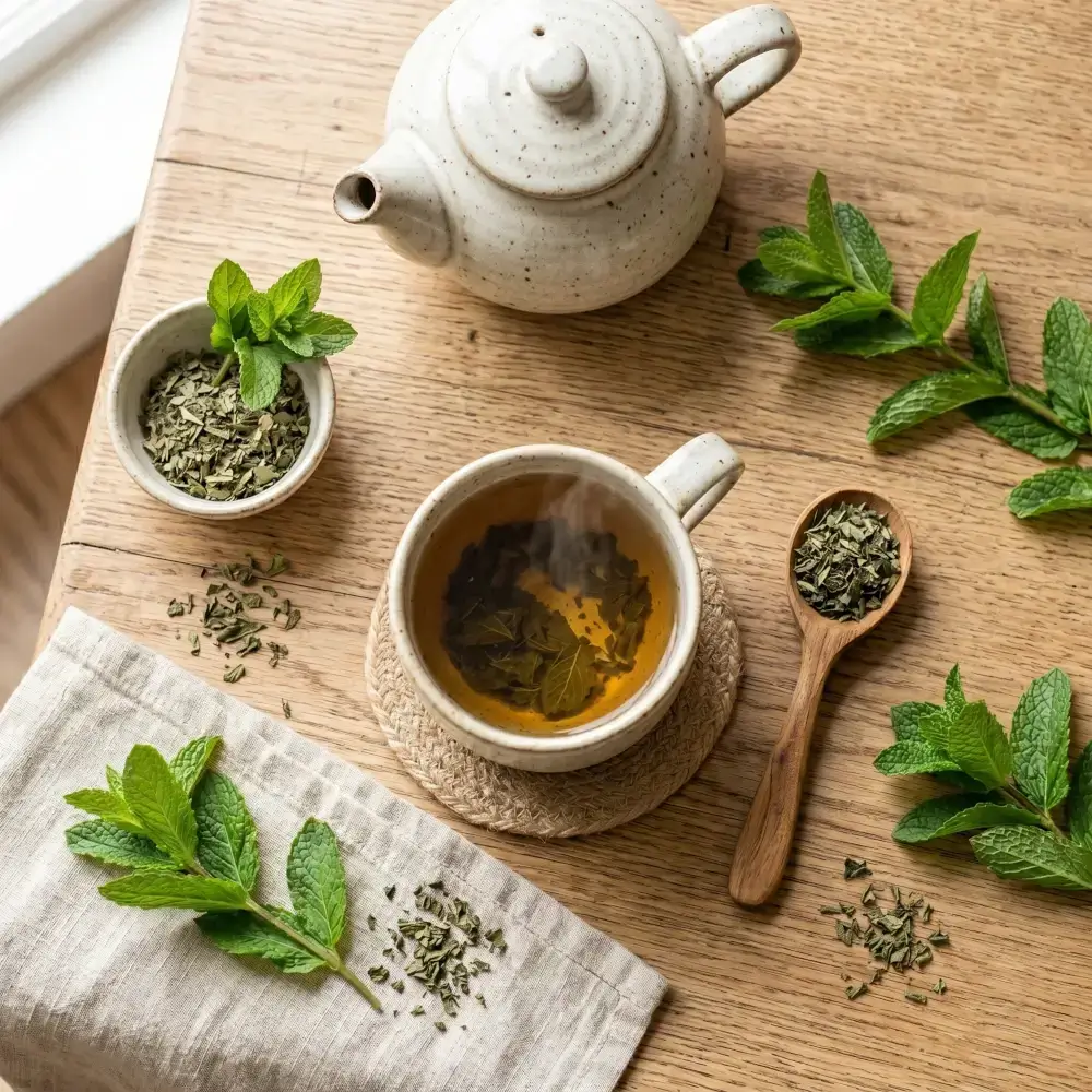 Top view of prepared mint tea and dried herbs on a wooden spoon