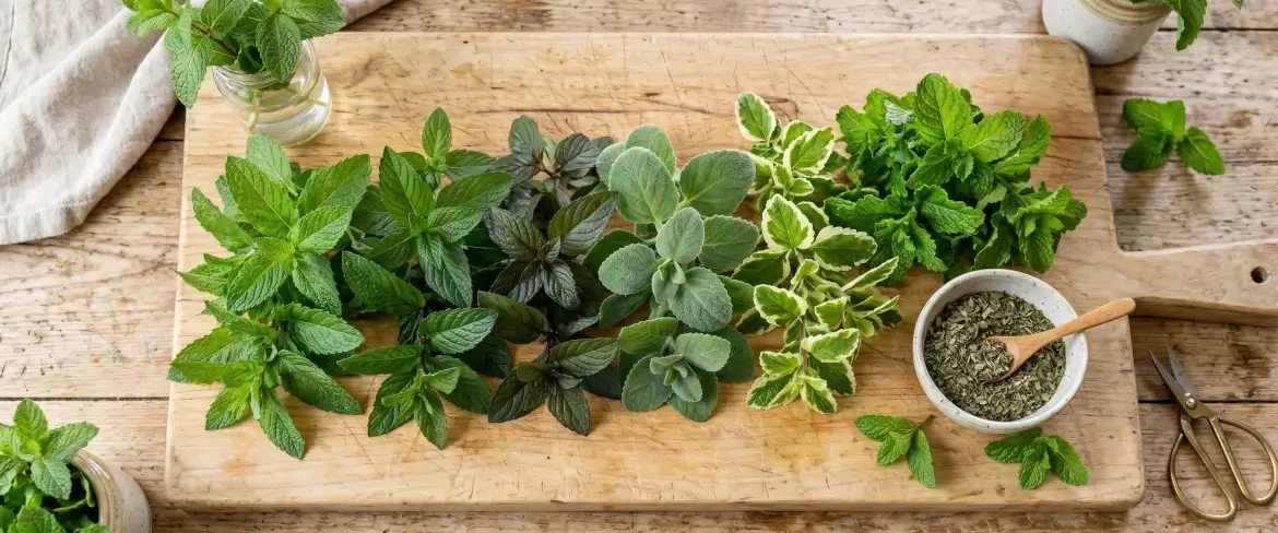A kitchen chopping board with different varieties of mint