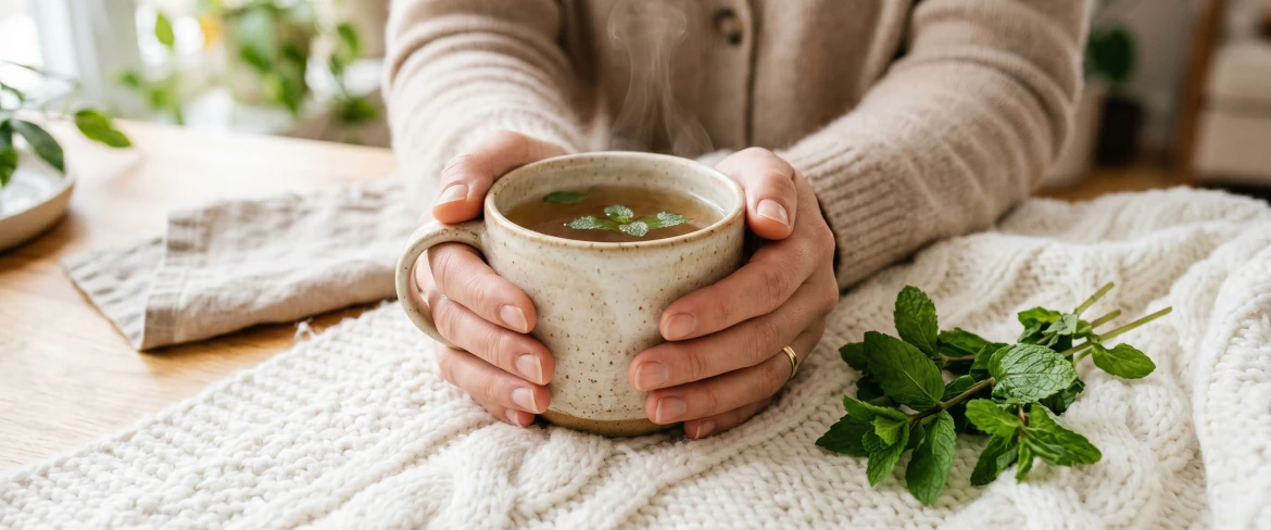 A person warming their hands on a warm mint infusion, perfectly showing the relaxing effects of mint tea