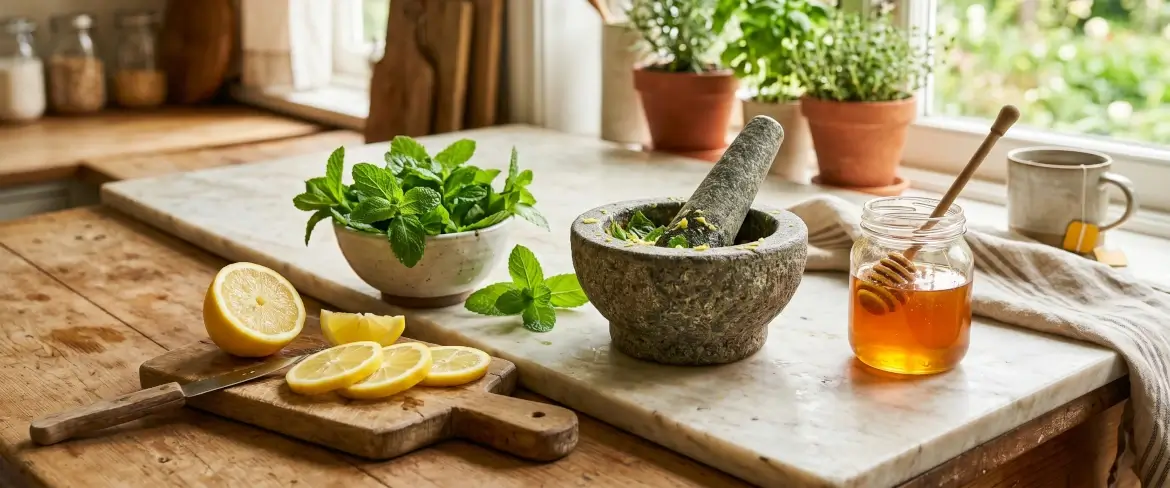 Fresh mint, lemons and honey in a kitchen setting, showing what mint is good for during an infection