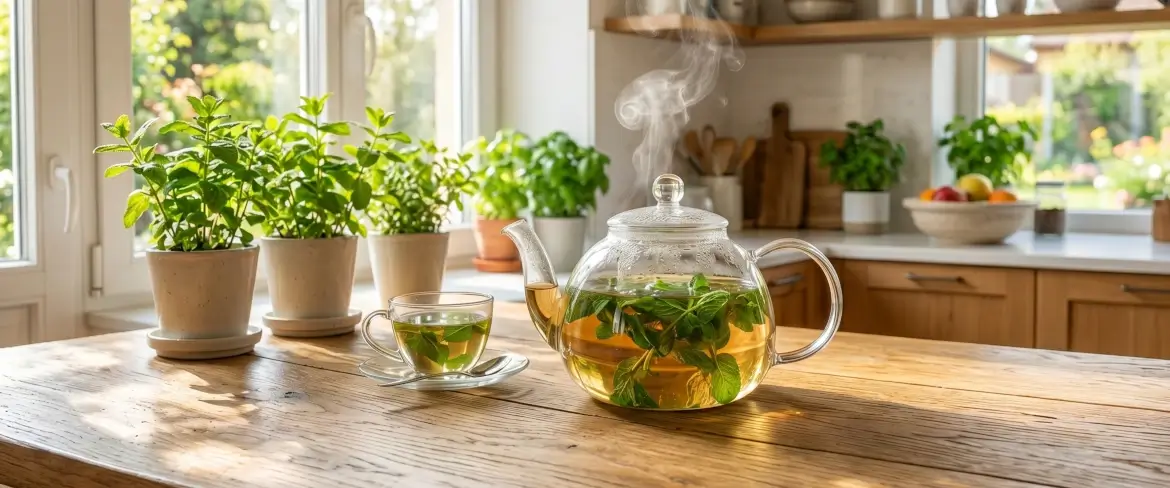 Fresh spearmint brewing in a glass teapot