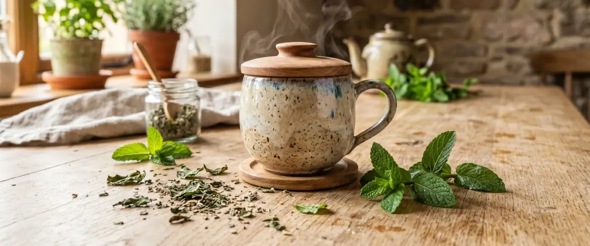 Herbal mint infusion brewing under a cover