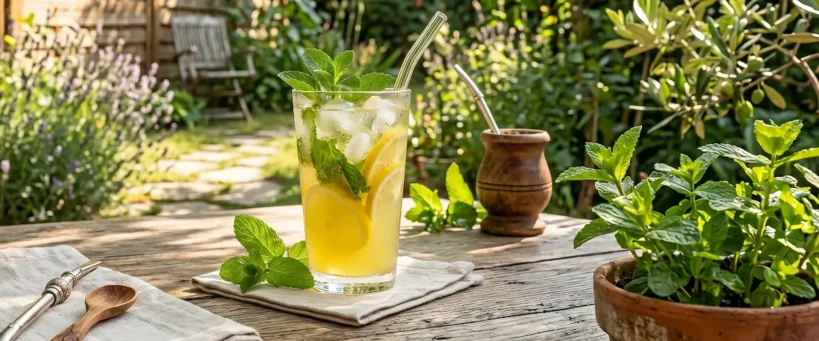 Refreshing cold lemonade with ice next to a traditional yerba mate gourd – what to do with mint in the summer