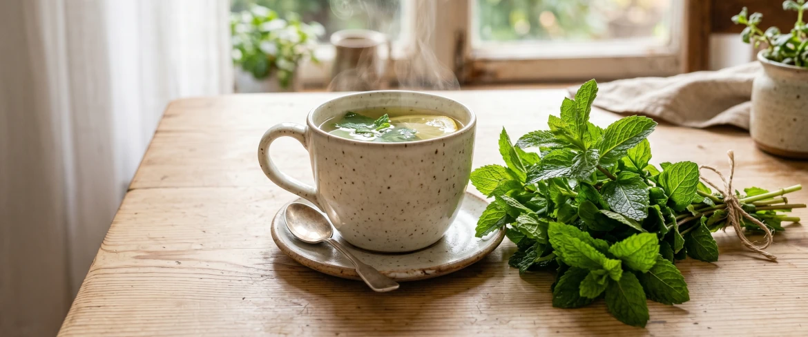 A light cup with a warm mint infusion and a slice of lemon
