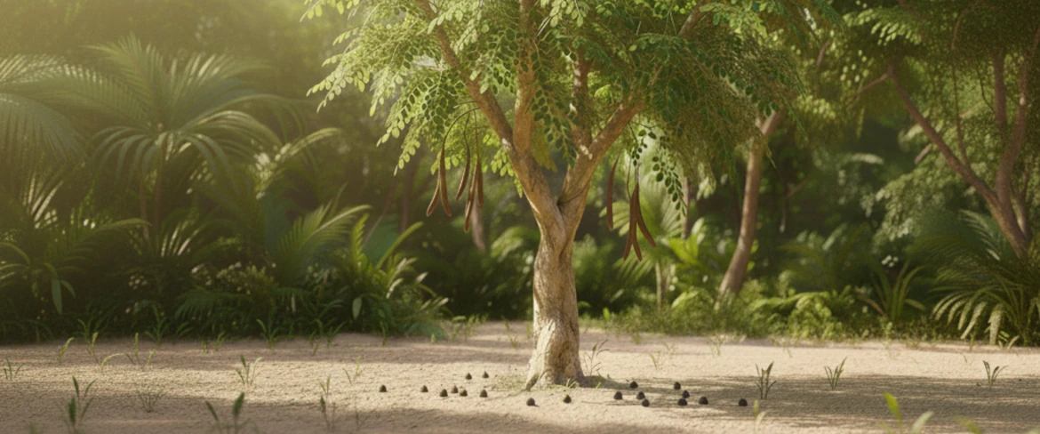 Moringa tree leaves in tropical sunlight – natural moringa cultivation