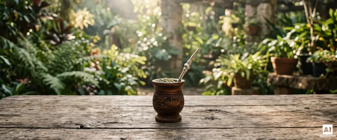 Wooden mate gourd with strong yerba mate and a bombilla against green foliage.
