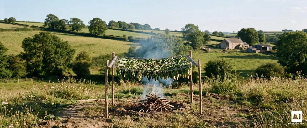 Drying yerba mate leaves over fire using the barbacuá method in the countryside.