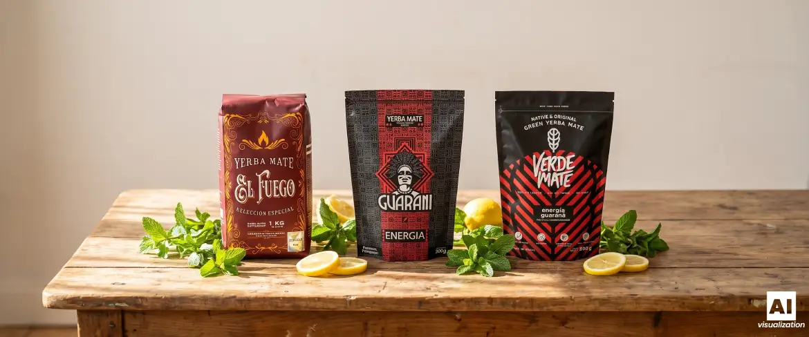 Three variants of strong yerba mate with guarana and smoke-dried leaves on a wooden table.