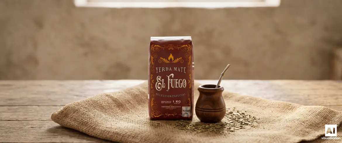 El Fuego Elaborada 1kg and a mate gourd with yerba mate on traditional jute cloth.